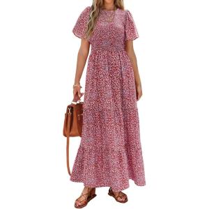 imagePRETTYGARDEN Womens 2025 Summer Casual Flutter Short Sleeve Boho Floral Maxi Dress Crew Neck Smocked Tiered Long DressesRed