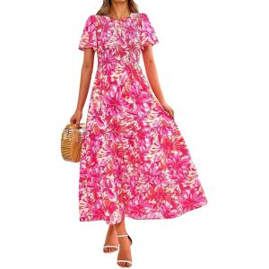 imagePRETTYGARDEN Womens 2025 Summer Casual Flutter Short Sleeve Boho Floral Maxi Dress Crew Neck Smocked Tiered Long DressesRose Red