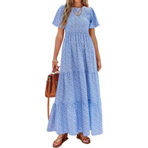 imagePRETTYGARDEN Womens 2025 Summer Casual Flutter Short Sleeve Boho Floral Maxi Dress Crew Neck Smocked Tiered Long DressesSky Blue White Flower