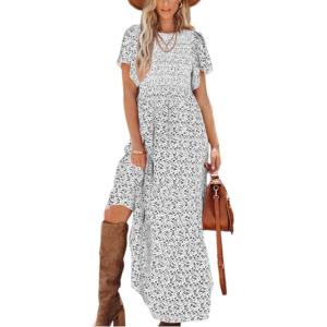 imagePRETTYGARDEN Womens 2025 Summer Casual Flutter Short Sleeve Boho Floral Maxi Dress Crew Neck Smocked Tiered Long DressesWhite