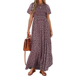imagePRETTYGARDEN Womens 2025 Summer Casual Flutter Short Sleeve Boho Floral Maxi Dress Crew Neck Smocked Tiered Long DressesWine Red