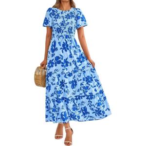 imagePRETTYGARDEN Womens 2025 Summer Casual Flutter Short Sleeve Boho Floral Maxi Dress Crew Neck Smocked Tiered Long DressesXblue