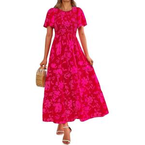 imagePRETTYGARDEN Womens 2025 Summer Casual Flutter Short Sleeve Boho Floral Maxi Dress Crew Neck Smocked Tiered Long DressesXred
