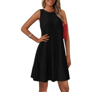 imagePRETTYGARDEN Womens 2025 Summer Sleeveless Mini Dress Crewneck Loose Tank A Line Pleated Swing Flowy Party DressesBlack