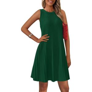 imagePRETTYGARDEN Womens 2025 Summer Sleeveless Mini Dress Crewneck Loose Tank A Line Pleated Swing Flowy Party DressesGreen