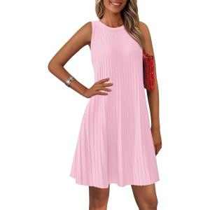 imagePRETTYGARDEN Womens 2025 Summer Sleeveless Mini Dress Crewneck Loose Tank A Line Pleated Swing Flowy Party DressesLight Pink