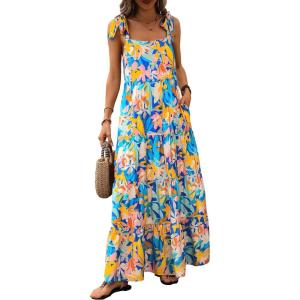 imagePRETTYGARDEN Womens Dresses 2025 Summer Floral Sleeveless Maxi Dress Casual Spaghetti Strap Tiered Flowy Beach Long DressFblue