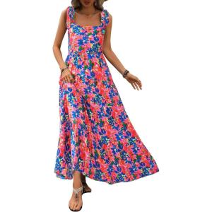 imagePRETTYGARDEN Womens Dresses 2025 Summer Floral Sleeveless Maxi Dress Casual Spaghetti Strap Tiered Flowy Beach Long DressFblue Pink