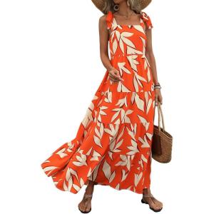 imagePRETTYGARDEN Womens Dresses 2025 Summer Floral Sleeveless Maxi Dress Casual Spaghetti Strap Tiered Flowy Beach Long DressForange