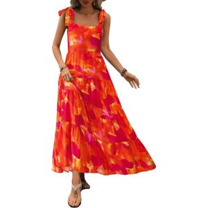 imagePRETTYGARDEN Womens Dresses 2025 Summer Floral Sleeveless Maxi Dress Casual Spaghetti Strap Tiered Flowy Beach Long DressFrust Red