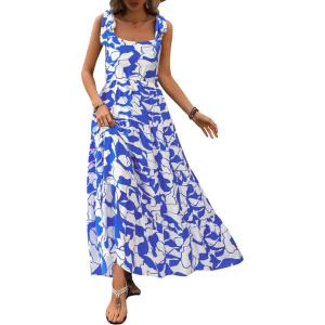 imagePRETTYGARDEN Womens Dresses 2025 Summer Floral Sleeveless Maxi Dress Casual Spaghetti Strap Tiered Flowy Beach Long DressFwhite Blue