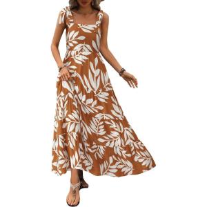 imagePRETTYGARDEN Womens Dresses 2025 Summer Floral Sleeveless Maxi Dress Casual Spaghetti Strap Tiered Flowy Beach Long DressLeaves Brown