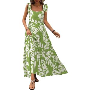 imagePRETTYGARDEN Womens Dresses 2025 Summer Floral Sleeveless Maxi Dress Casual Spaghetti Strap Tiered Flowy Beach Long DressLeaves Green