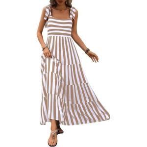 imagePRETTYGARDEN Womens Dresses 2025 Summer Floral Sleeveless Maxi Dress Casual Spaghetti Strap Tiered Flowy Beach Long DressSkhaki