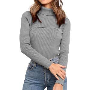 imagePRETTYGARDEN Womens Fall Fashion Turtleneck Pullover Sweaters Casual Long Sleeve Cable Knit Fitted Jumper TopsGrey