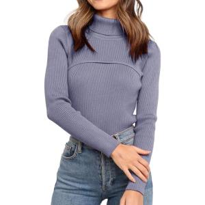imagePRETTYGARDEN Womens Fall Fashion Turtleneck Pullover Sweaters Casual Long Sleeve Cable Knit Fitted Jumper TopsGrey Blue