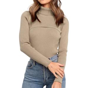 imagePRETTYGARDEN Womens Fall Fashion Turtleneck Pullover Sweaters Casual Long Sleeve Cable Knit Fitted Jumper TopsKhaki