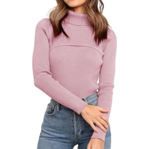 imagePRETTYGARDEN Womens Fall Fashion Turtleneck Pullover Sweaters Casual Long Sleeve Cable Knit Fitted Jumper TopsPink