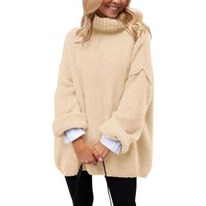 imagePRETTYGARDEN Womens Knit Oversized Sweater Fall Fashion Casual Long Sleeve Turtleneck Loose Chunky Pullover TopsBeige