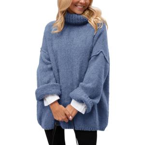 imagePRETTYGARDEN Womens Knit Oversized Sweater Fall Fashion Casual Long Sleeve Turtleneck Loose Chunky Pullover TopsBlue