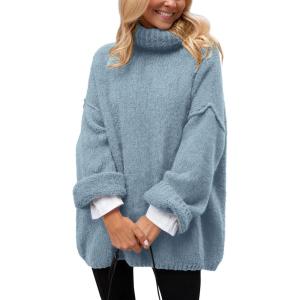 imagePRETTYGARDEN Womens Knit Oversized Sweater Fall Fashion Casual Long Sleeve Turtleneck Loose Chunky Pullover TopsLight Blue