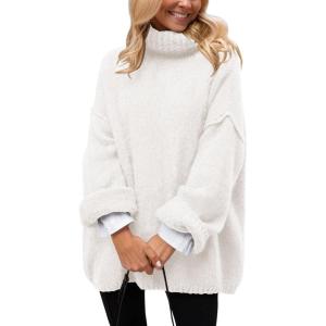 imagePRETTYGARDEN Womens Knit Oversized Sweater Fall Fashion Casual Long Sleeve Turtleneck Loose Chunky Pullover TopsWhite