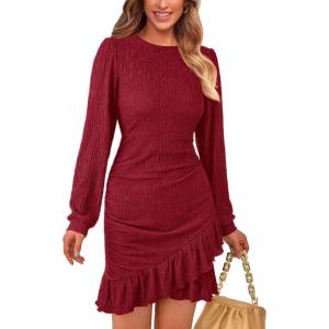 imagePRETTYGARDEN Womens Long Sleeve Ruffle Bodycon Short Dress Fall Ruched Fitted Cocktail Spring Mini DressesRed
