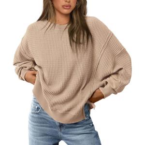 imagePRETTYGARDEN Womens Oversized Crewneck Sweatshirts Fall Fashion Casual Long Sleeve Pullover Waffle Knit Spring Shirts TopApricot