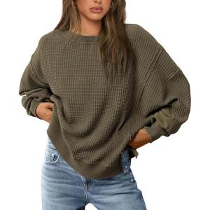 imagePRETTYGARDEN Womens Oversized Crewneck Sweatshirts Fall Fashion Casual Long Sleeve Pullover Waffle Knit Spring Shirts TopArmy Green