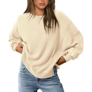 imagePRETTYGARDEN Womens Oversized Crewneck Sweatshirts Fall Fashion Casual Long Sleeve Pullover Waffle Knit Spring Shirts TopBeige