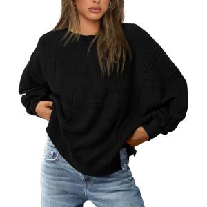 imagePRETTYGARDEN Womens Oversized Crewneck Sweatshirts Fall Fashion Casual Long Sleeve Pullover Waffle Knit Spring Shirts TopBlack