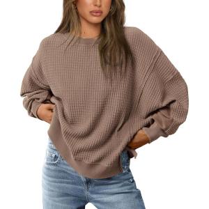 imagePRETTYGARDEN Womens Oversized Crewneck Sweatshirts Fall Fashion Casual Long Sleeve Pullover Waffle Knit Spring Shirts TopBrown