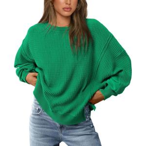 imagePRETTYGARDEN Womens Oversized Crewneck Sweatshirts Fall Fashion Casual Long Sleeve Pullover Waffle Knit Spring Shirts TopGreen