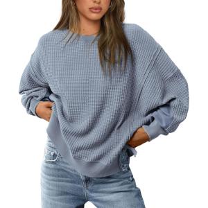 imagePRETTYGARDEN Womens Oversized Crewneck Sweatshirts Fall Fashion Casual Long Sleeve Pullover Waffle Knit Spring Shirts TopGrey Blue