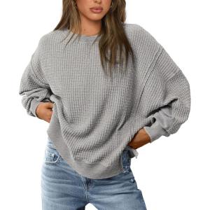 imagePRETTYGARDEN Womens Oversized Crewneck Sweatshirts Fall Fashion Casual Long Sleeve Pullover Waffle Knit Spring Shirts TopLight Grey