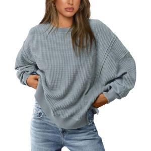 imagePRETTYGARDEN Womens Oversized Crewneck Sweatshirts Fall Fashion Casual Long Sleeve Pullover Waffle Knit Spring Shirts TopLight Grey Blue