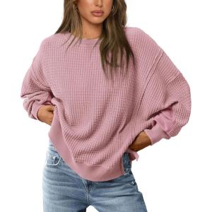 imagePRETTYGARDEN Womens Oversized Crewneck Sweatshirts Fall Fashion Casual Long Sleeve Pullover Waffle Knit Spring Shirts TopPink