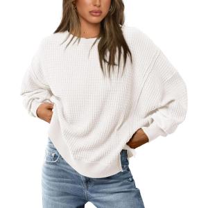 imagePRETTYGARDEN Womens Oversized Crewneck Sweatshirts Fall Fashion Casual Long Sleeve Pullover Waffle Knit Spring Shirts TopWhite