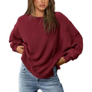 imagePRETTYGARDEN Womens Oversized Crewneck Sweatshirts Fall Fashion Casual Long Sleeve Pullover Waffle Knit Spring Shirts TopWine Red