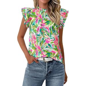 imagePRETTYGARDEN Womens Ruffle Short Sleeve Summer Tops 2025 Trendy Floral Trim Neck Casual Dressy Chiffon Boho Blouses ShirtsBright Green
