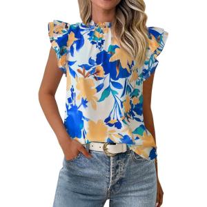 imagePRETTYGARDEN Womens Ruffle Short Sleeve Summer Tops 2025 Trendy Floral Trim Neck Casual Dressy Chiffon Boho Blouses ShirtsWhite Blue Flower
