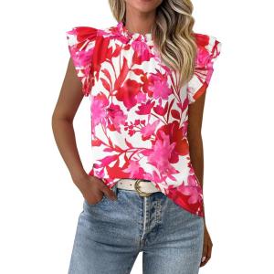 imagePRETTYGARDEN Womens Ruffle Short Sleeve Summer Tops 2025 Trendy Floral Trim Neck Casual Dressy Chiffon Boho Blouses ShirtsWhite Red Flower