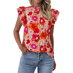 imagePRETTYGARDEN Womens Ruffle Short Sleeve Summer Tops 2025 Trendy Floral Trim Neck Casual Dressy Chiffon Boho Blouses ShirtsYellow Red Flower