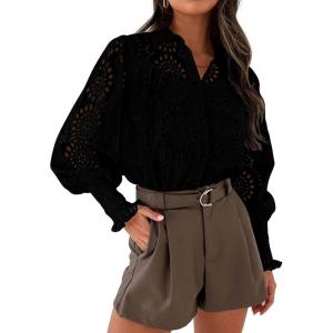 imagePRETTYGARDEN Womens Spring Button Down Shirts Dressy Casual Fall Long Puff Sleeve Eyelet Loose Fit Collared Blouse TopBlack