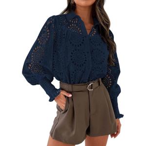 imagePRETTYGARDEN Womens Spring Button Down Shirts Dressy Casual Fall Long Puff Sleeve Eyelet Loose Fit Collared Blouse TopNavy