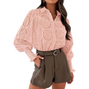 imagePRETTYGARDEN Womens Spring Button Down Shirts Dressy Casual Fall Long Puff Sleeve Eyelet Loose Fit Collared Blouse TopPink