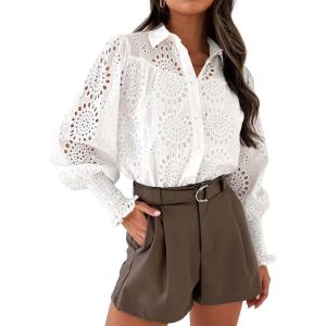 imagePRETTYGARDEN Womens Spring Button Down Shirts Dressy Casual Fall Long Puff Sleeve Eyelet Loose Fit Collared Blouse TopWhite