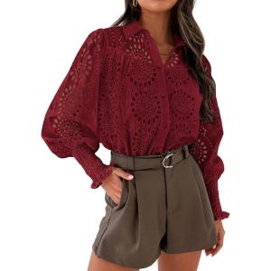 imagePRETTYGARDEN Womens Spring Button Down Shirts Dressy Casual Fall Long Puff Sleeve Eyelet Loose Fit Collared Blouse TopWine Red