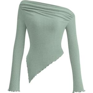 imagePRETTYGARDEN Womens Spring Long Sleeve Y2K Crop Top Trendy Off Shoulder Asymmetrical Fitted Knit Tee Shirts Going Out TopsBean Green