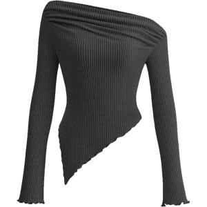 imagePRETTYGARDEN Womens Spring Long Sleeve Y2K Crop Top Trendy Off Shoulder Asymmetrical Fitted Knit Tee Shirts Going Out TopsBlack